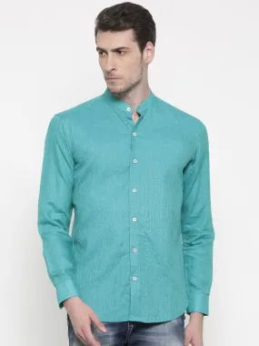 Aqua Blue Linen Mandarin Collar Shirt - MM0680