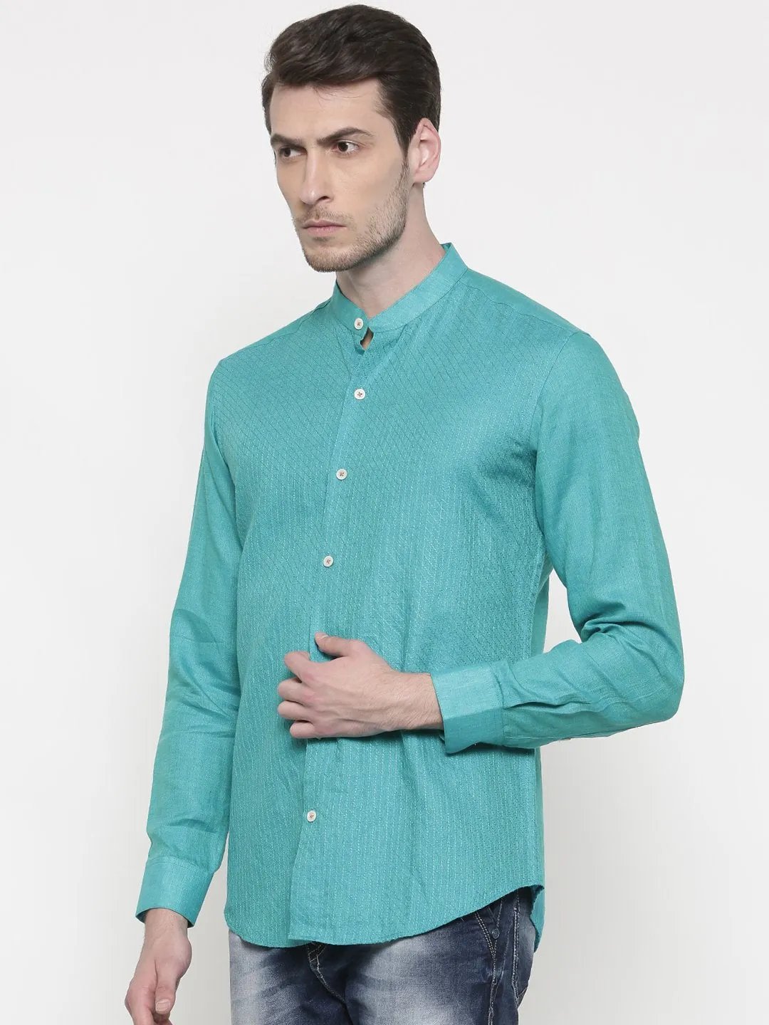 Aqua Blue Linen Mandarin Collar Shirt - MM0680