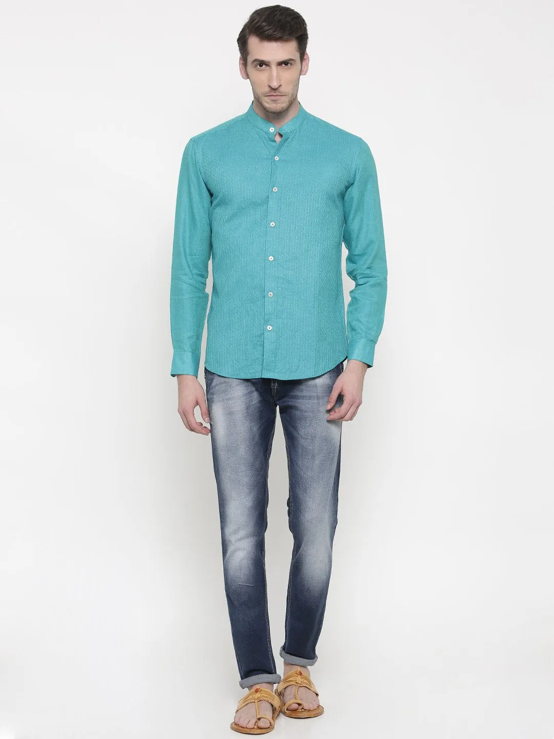 Aqua Blue Linen Mandarin Collar Shirt - MM0680