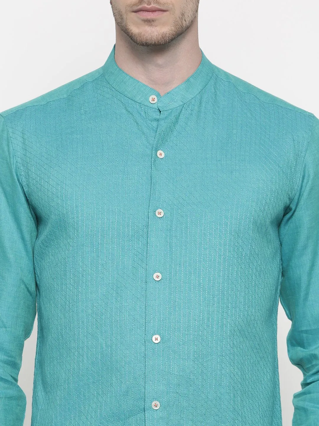 Aqua Blue Linen Mandarin Collar Shirt - MM0680