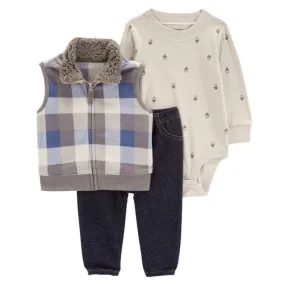 Baby Boys' 3-Piece Plaid Fleece-Lined Vest Set 1R5407