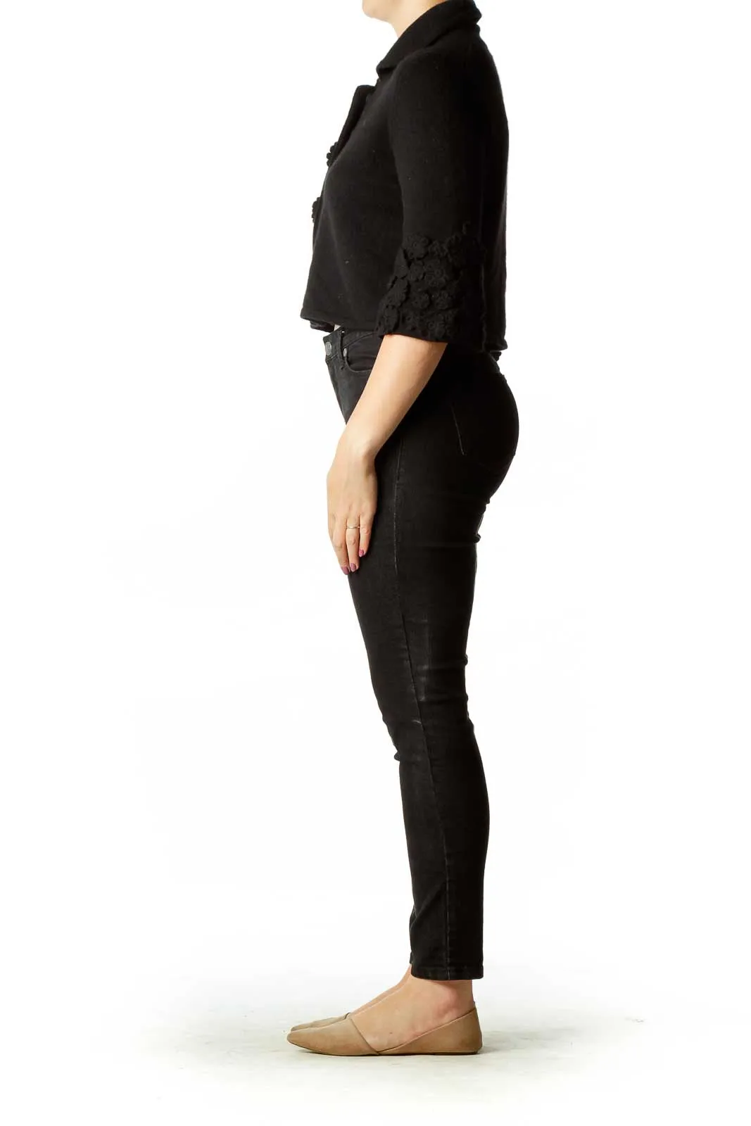 Black Flower Cropped Cashmere Cardigan