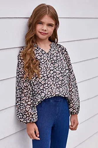 blibean Girl Floral Blouses Fall Chiffon Boho Flower Print Tops Kid Fit Flowy Bell Long Sleeve Shirts Spring Dress Bohemian Clothes Size 4-5 Years Old Black