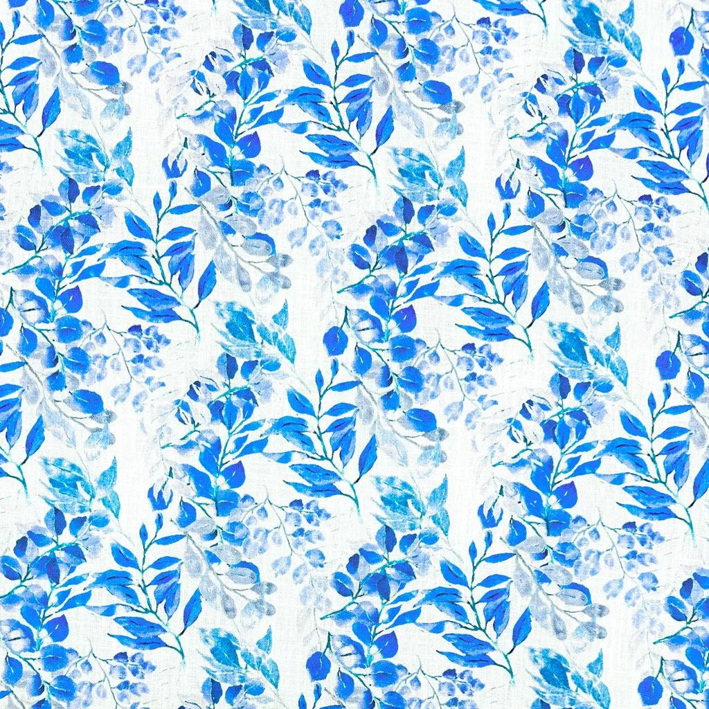 Blue Leaves on White Linen Blend Fabric