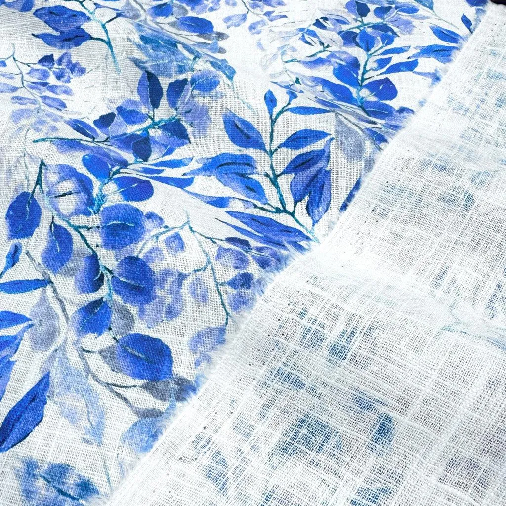 Blue Leaves on White Linen Blend Fabric