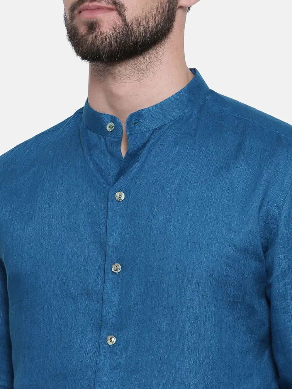 Blue Linen Chinese Collar Shirt - MM0697