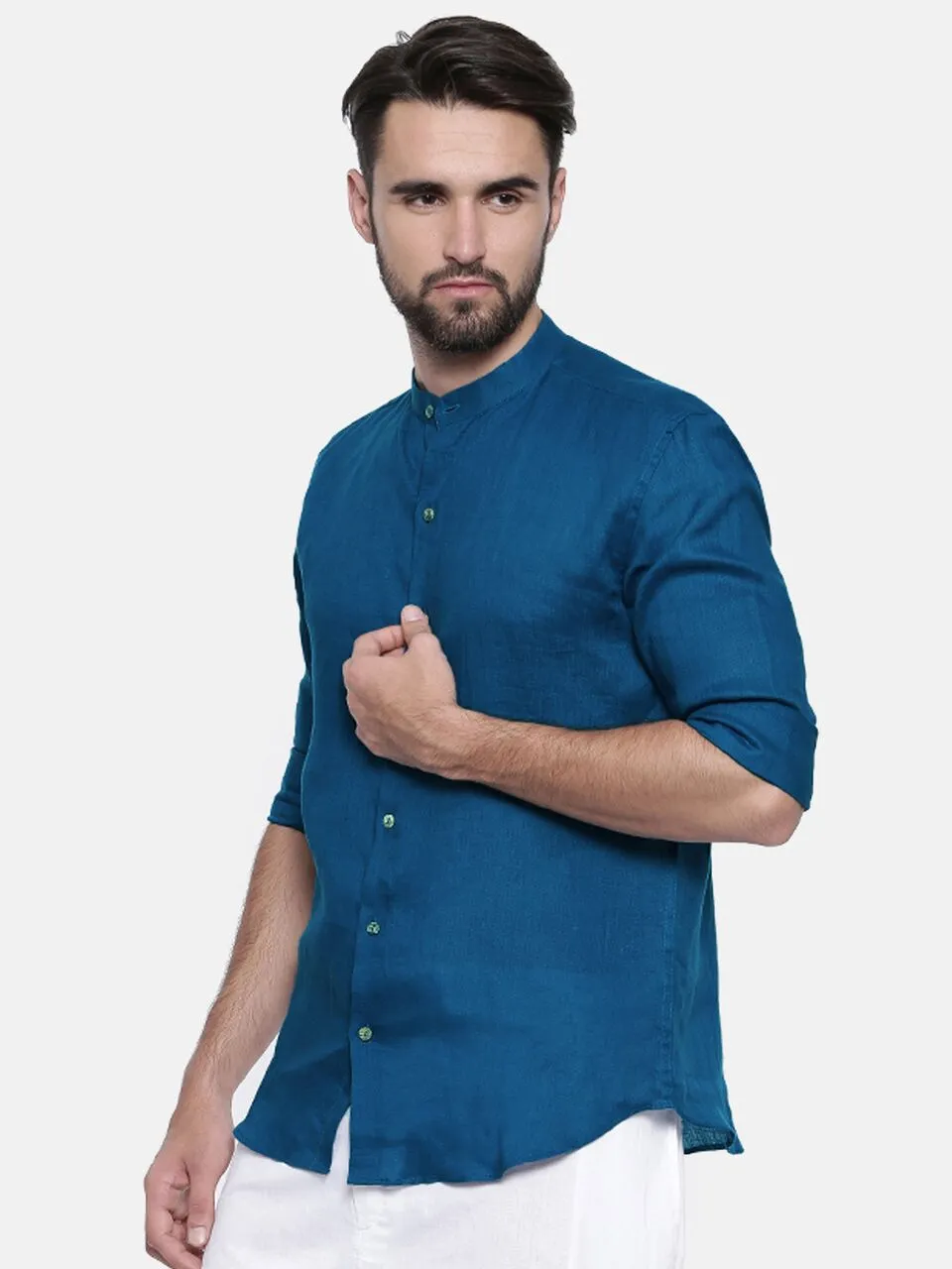 Blue Linen Chinese Collar Shirt - MM0697