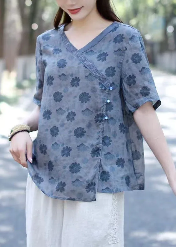 Blue Print Patchwork Linen Blouse Tops V Neck Short Sleeve LY7875