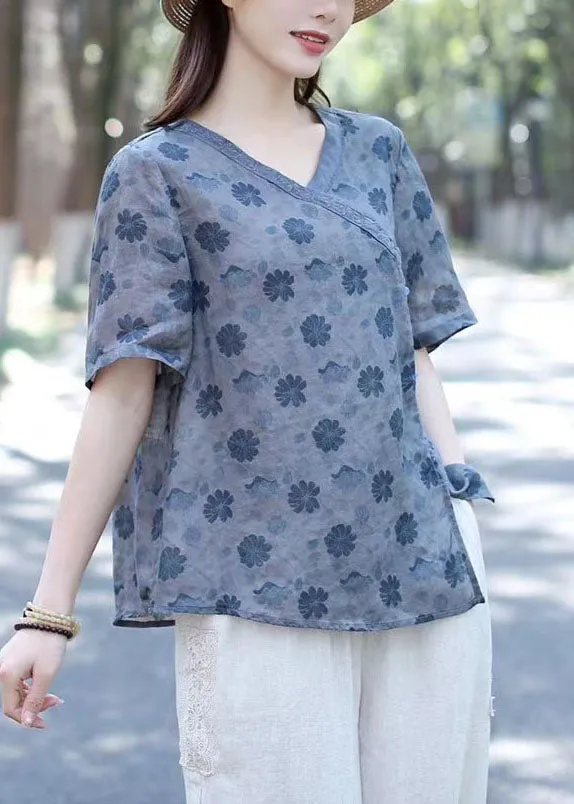 Blue Print Patchwork Linen Blouse Tops V Neck Short Sleeve LY7875