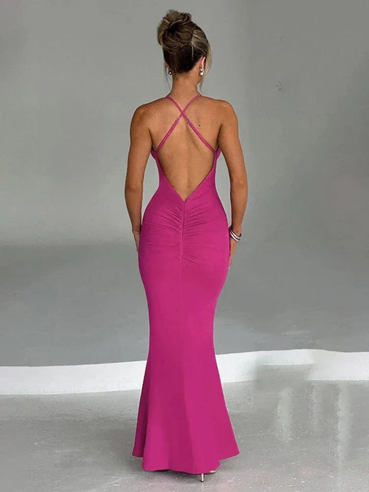 Bodycon Long Deep V Neck Halter Backless Nightclub Sexy Spring Summer Maxi Dress