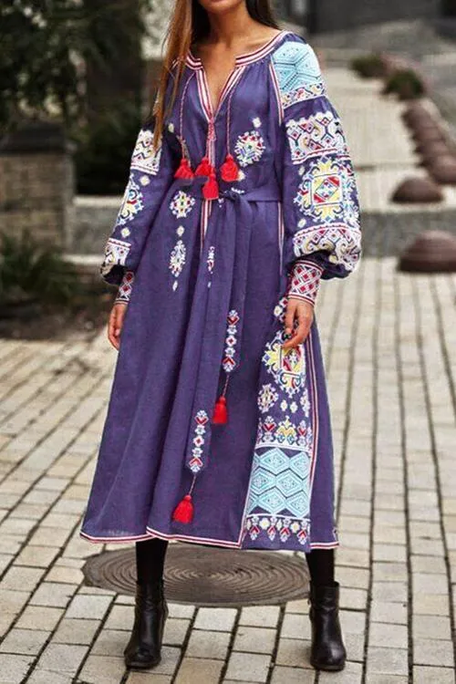 Boho Print Tassels Puff Sleeve Maxi Dress