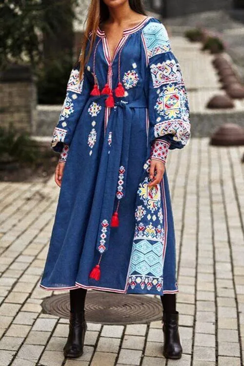 Boho Print Tassels Puff Sleeve Maxi Dress