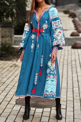 Boho Print Tassels Puff Sleeve Maxi Dress