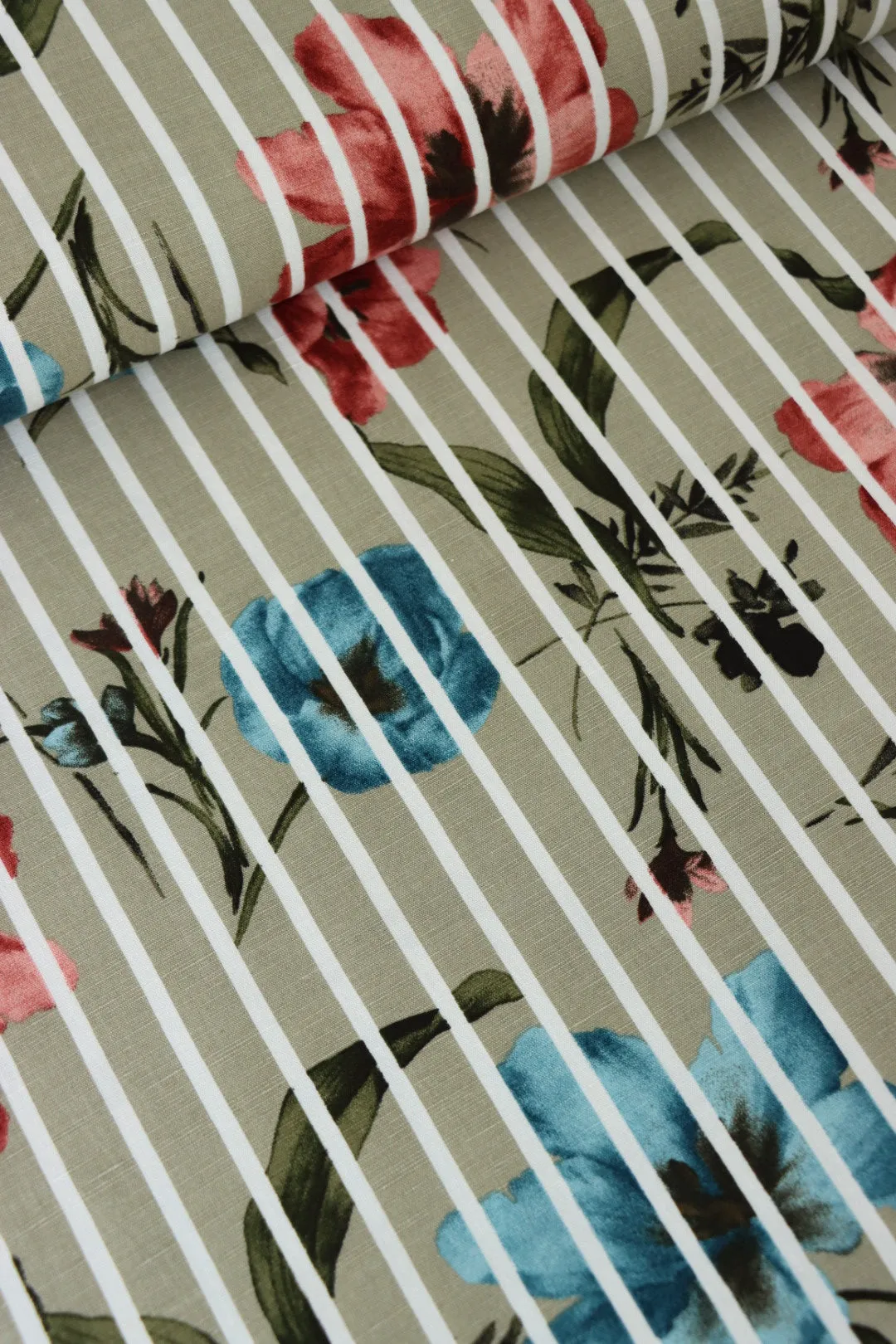 Broken Stripe Floral on Taupe Linen Cotton