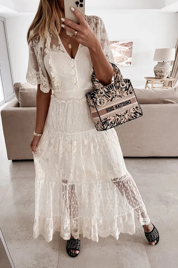 Button Lace V Neck Short Sleeve Maxi Dress