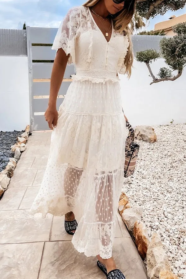 Button Lace V Neck Short Sleeve Maxi Dress