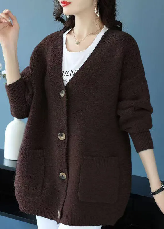 Coffee Pockets Patchwork Cashmere Cardigans V Neck Button Fall LY9181