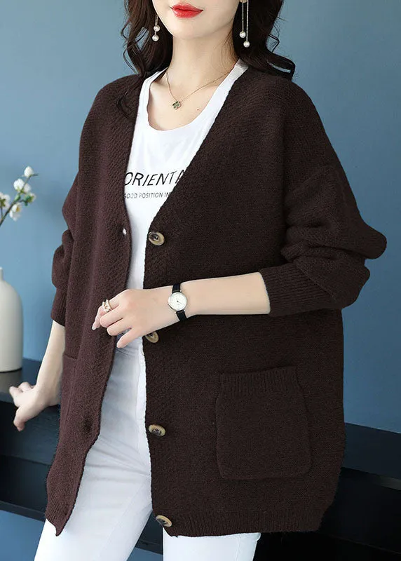 Coffee Pockets Patchwork Cashmere Cardigans V Neck Button Fall LY9181