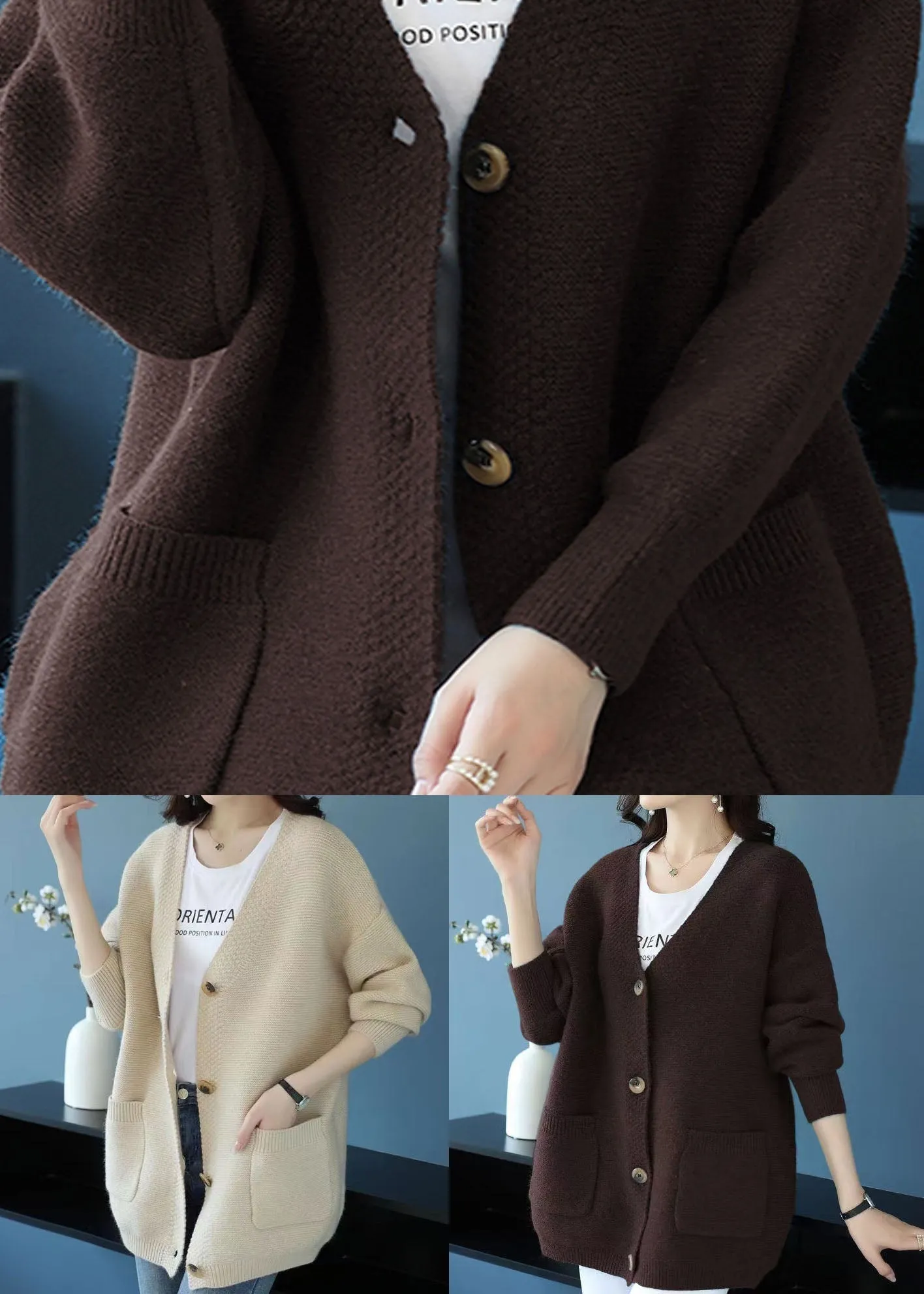 Coffee Pockets Patchwork Cashmere Cardigans V Neck Button Fall LY9181