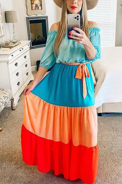 Color Block Off Shoulder Puff Sleeve Maxi Dress