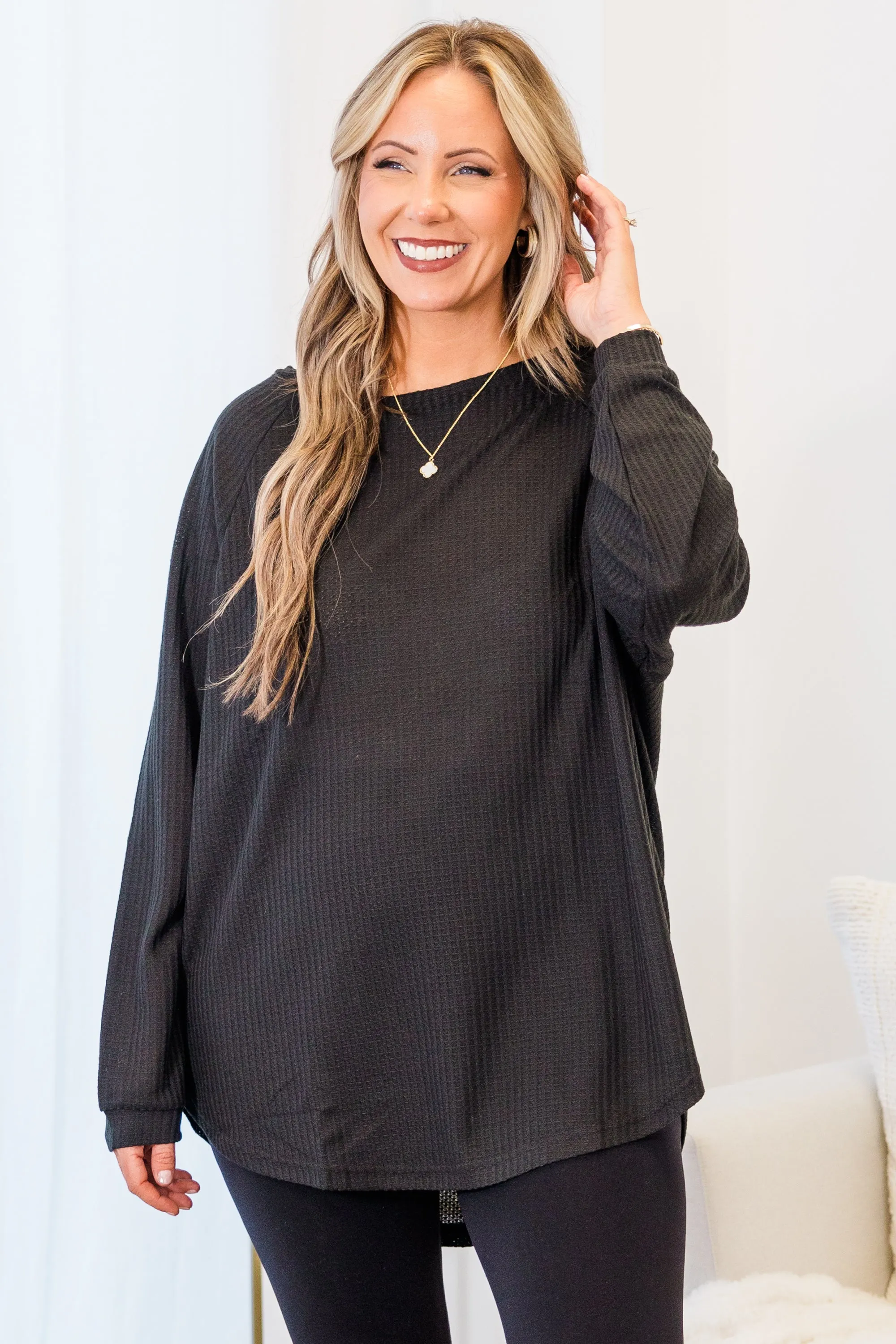 Curved Hem Slouchy Dolman Tunic, Black Thermal