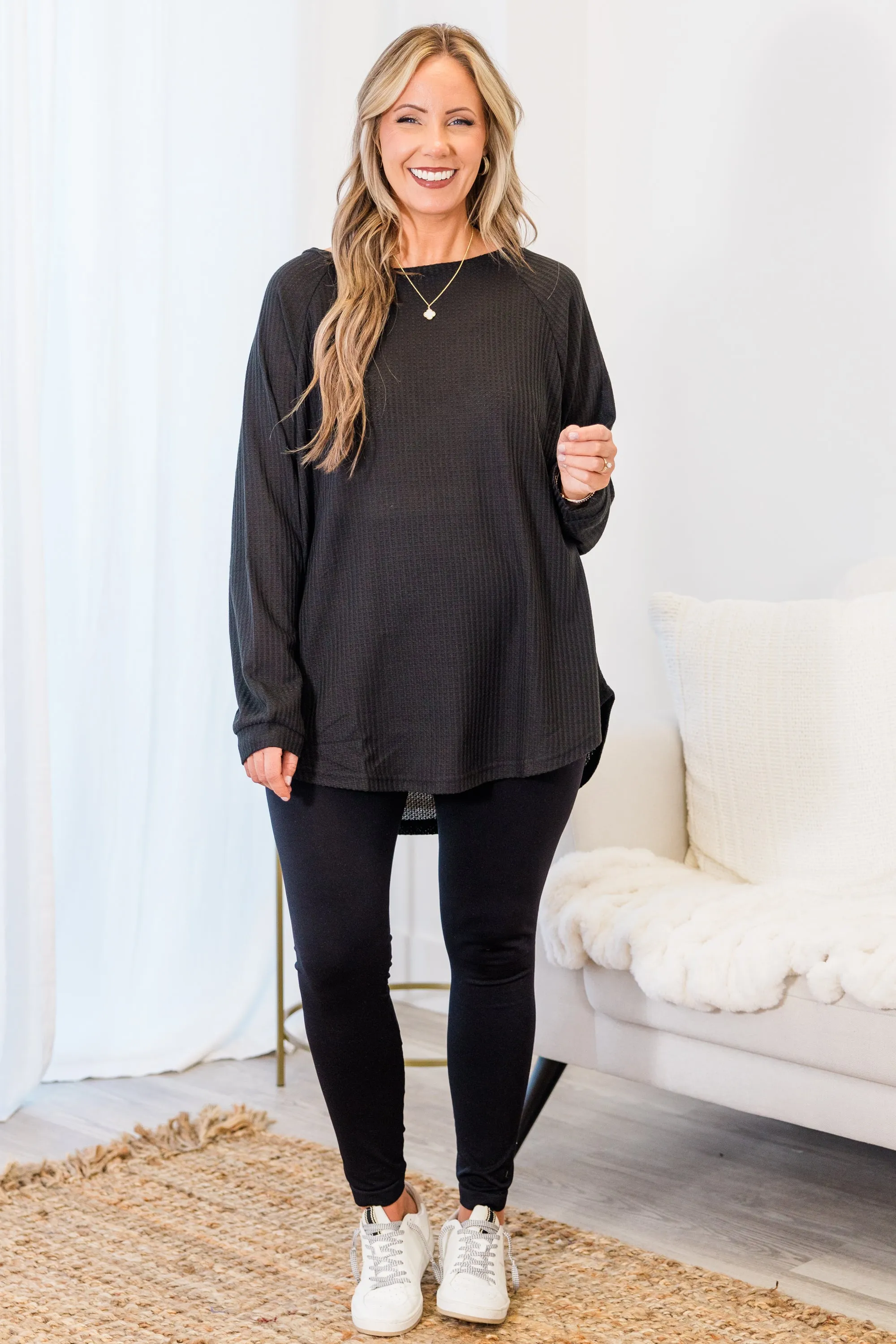 Curved Hem Slouchy Dolman Tunic, Black Thermal