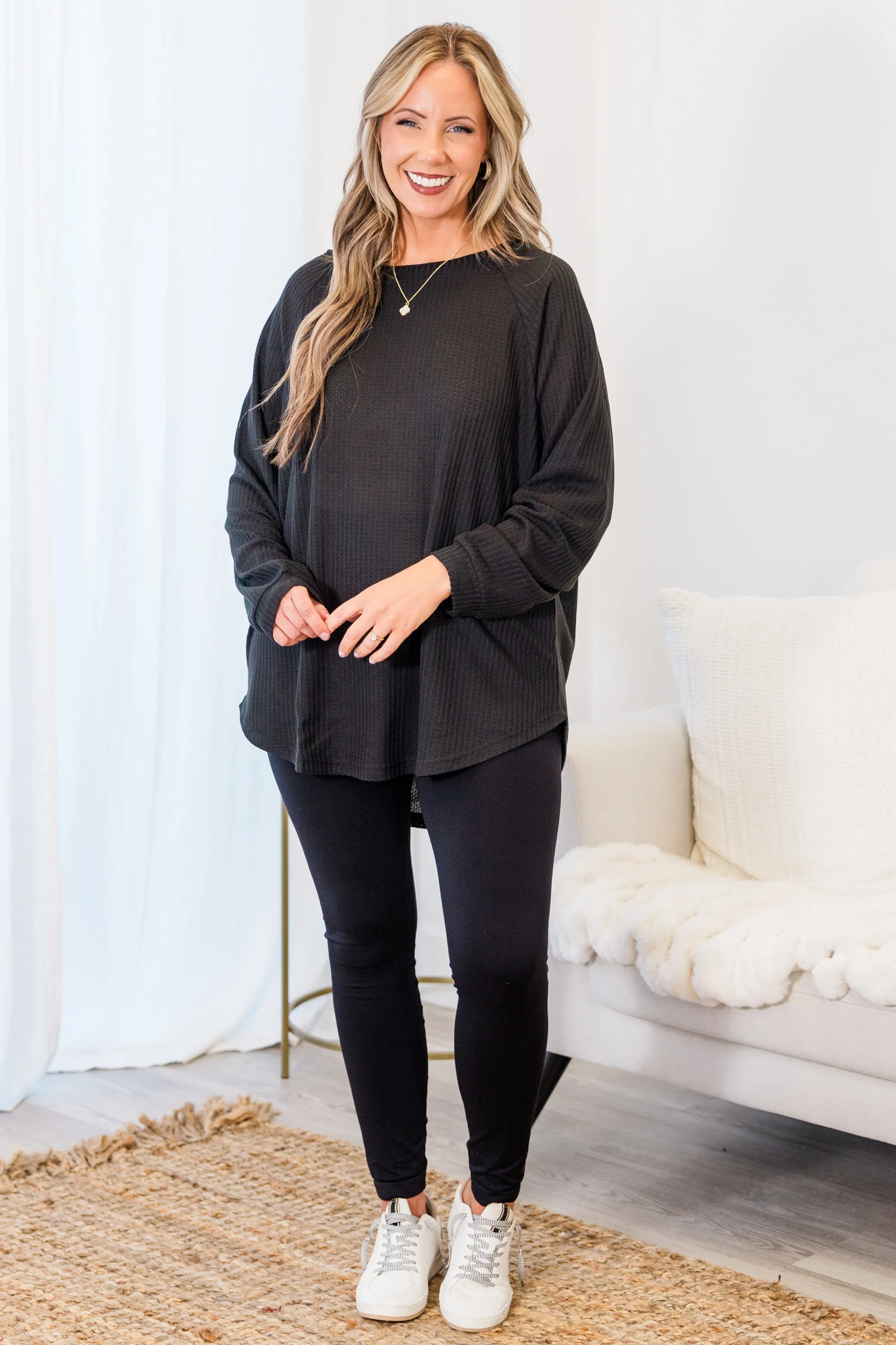 Curved Hem Slouchy Dolman Tunic, Black Thermal