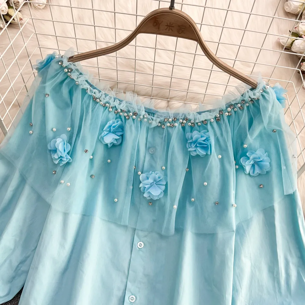 Cute applique beads long sleeve tops fashion girl tops     S399