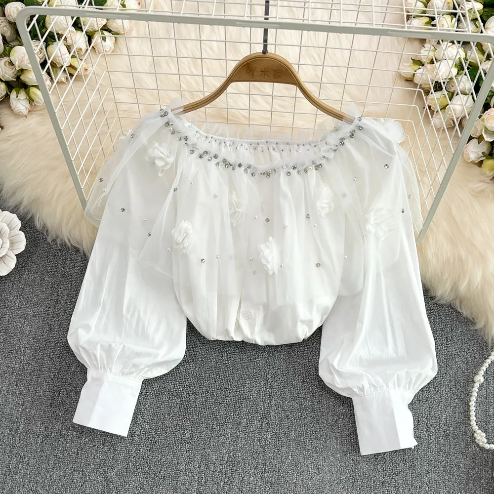 Cute applique beads long sleeve tops fashion girl tops     S399