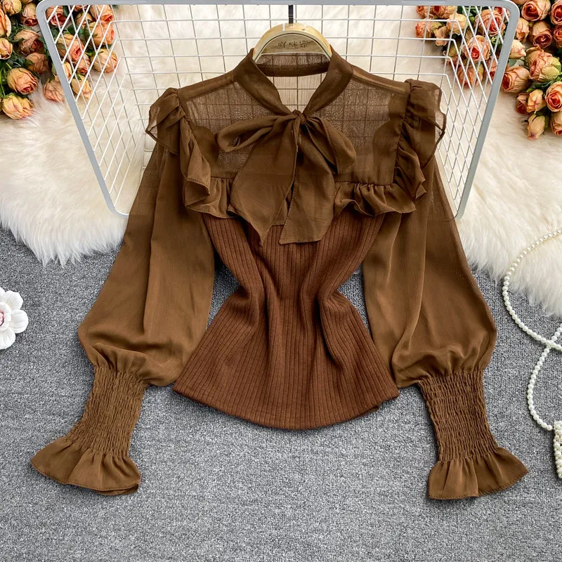 Cute chiffon long sleeve tops see through tops     S81