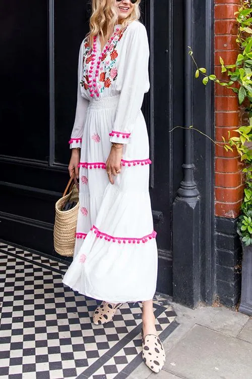 Embroidery Pom Pom Maxi Dress