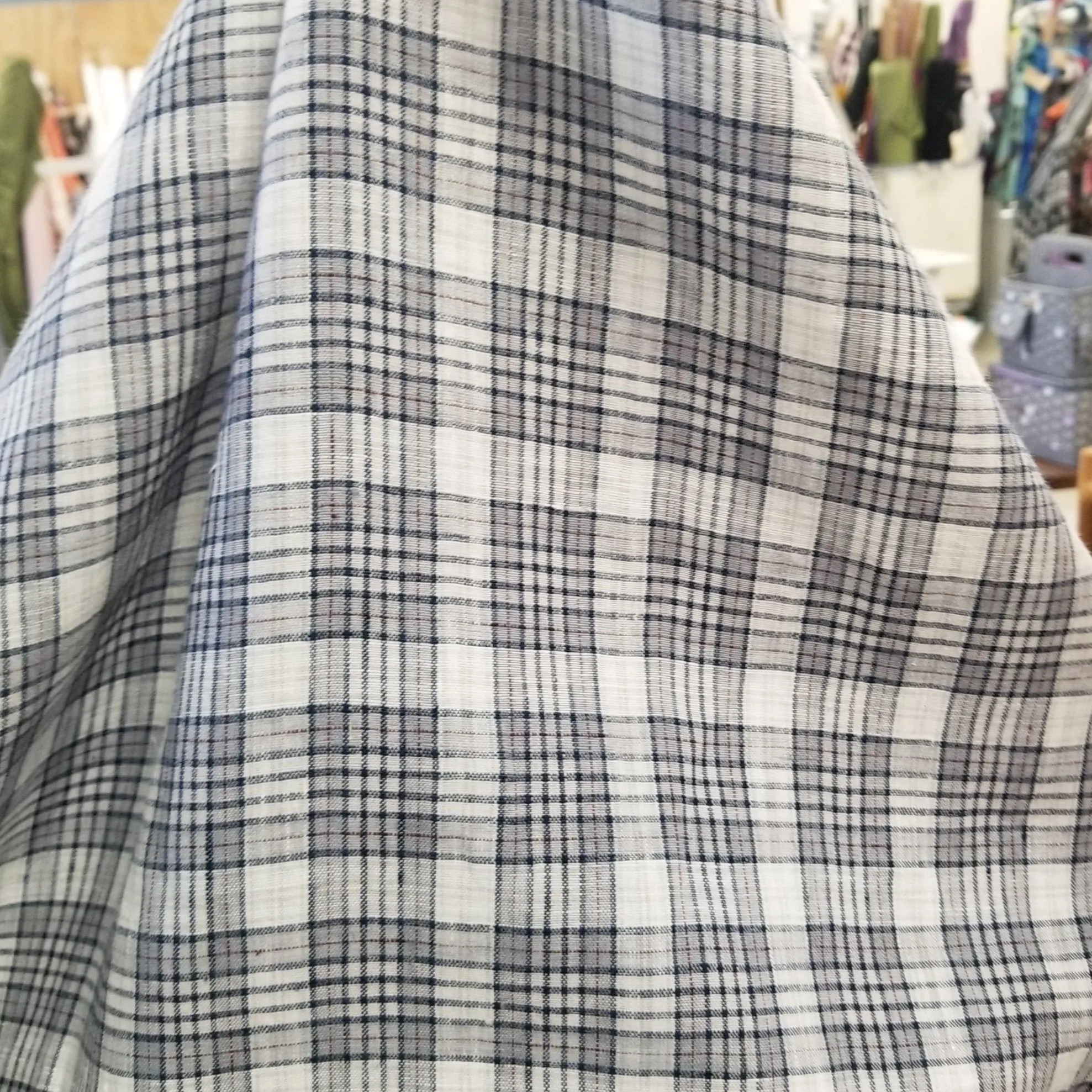 End of Bolt: 1.5 yards of Irish Linen Plaid Navy and Ivory Shirting Spence Bryson Woven 165 GSM- remnant