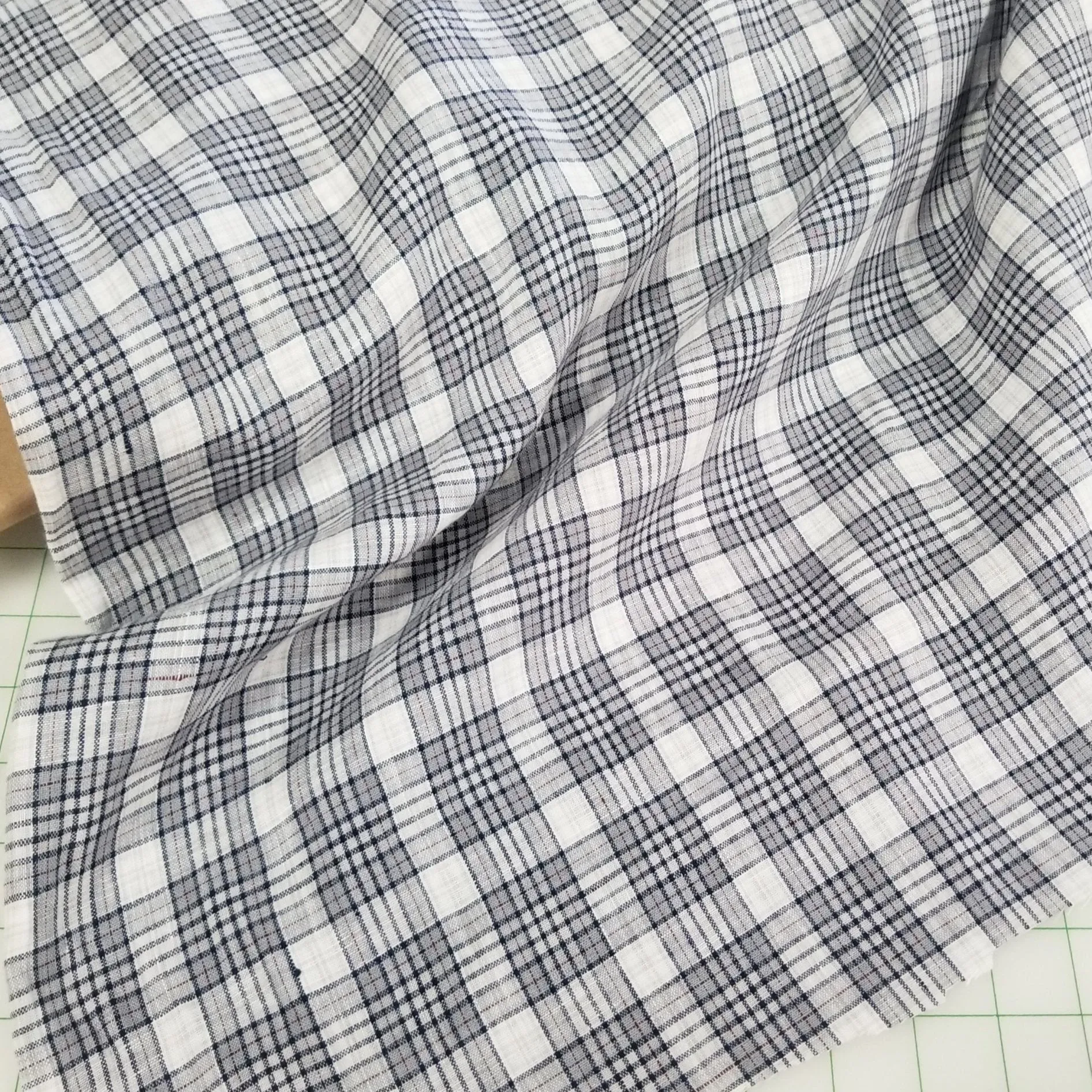 End of Bolt: 1.5 yards of Irish Linen Plaid Navy and Ivory Shirting Spence Bryson Woven 165 GSM- remnant