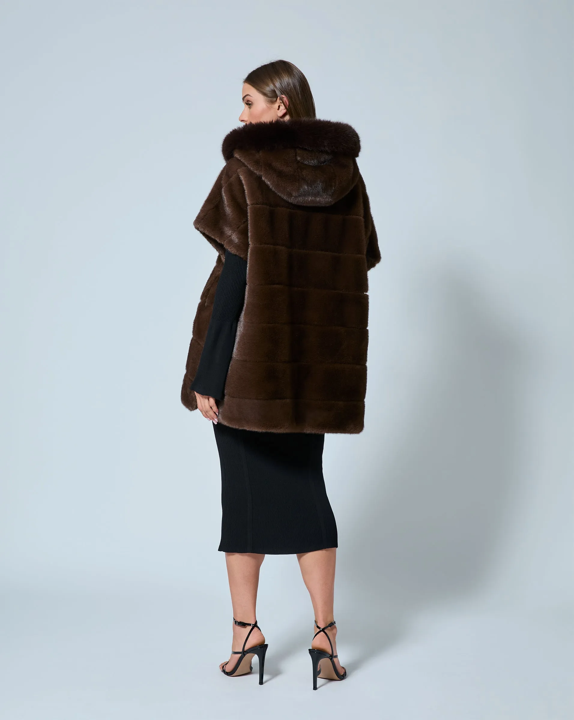 Faux Mink Fur Hooded Cape Jacket