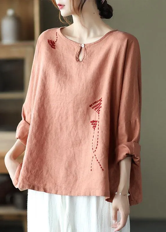 Fine Pink Oriental Retro O-Neck Fall Linen Long Sleeve Blouse Tops