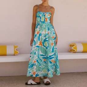 Floral Print Long Beach Sleeveless Spaghetti Strap Ruched Going Out A-Line Maxi Summer Dress