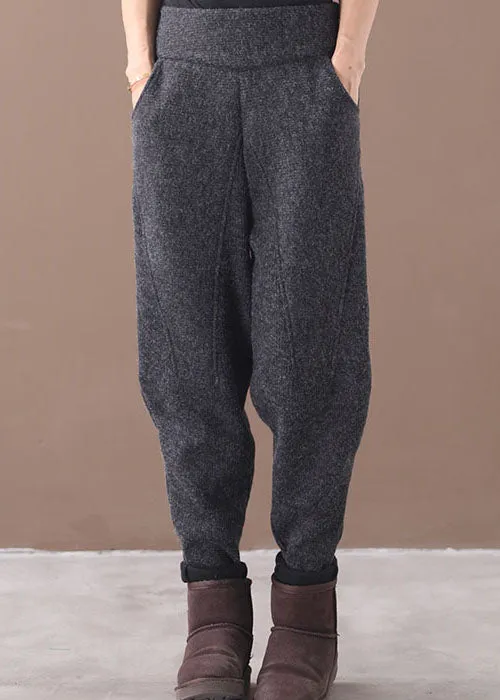 French Grey Pockets Patchwork Warm Fleece Pants Winter