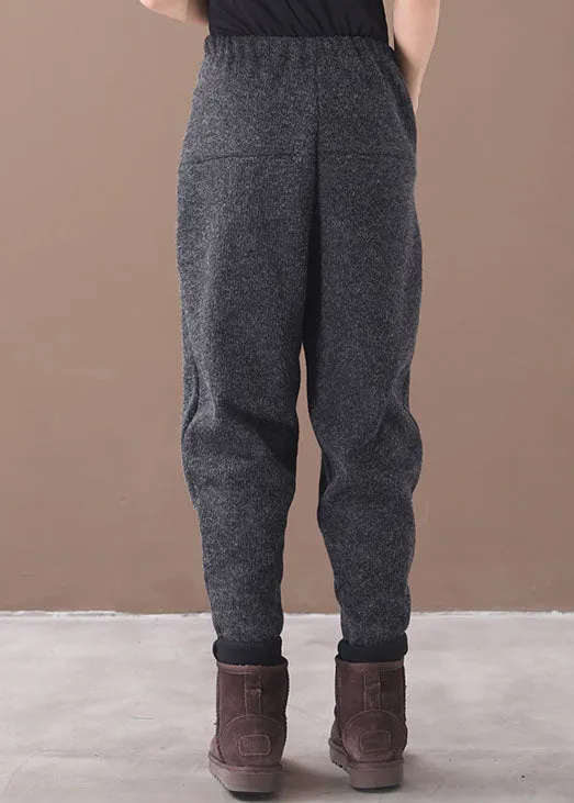 French Grey Pockets Patchwork Warm Fleece Pants Winter