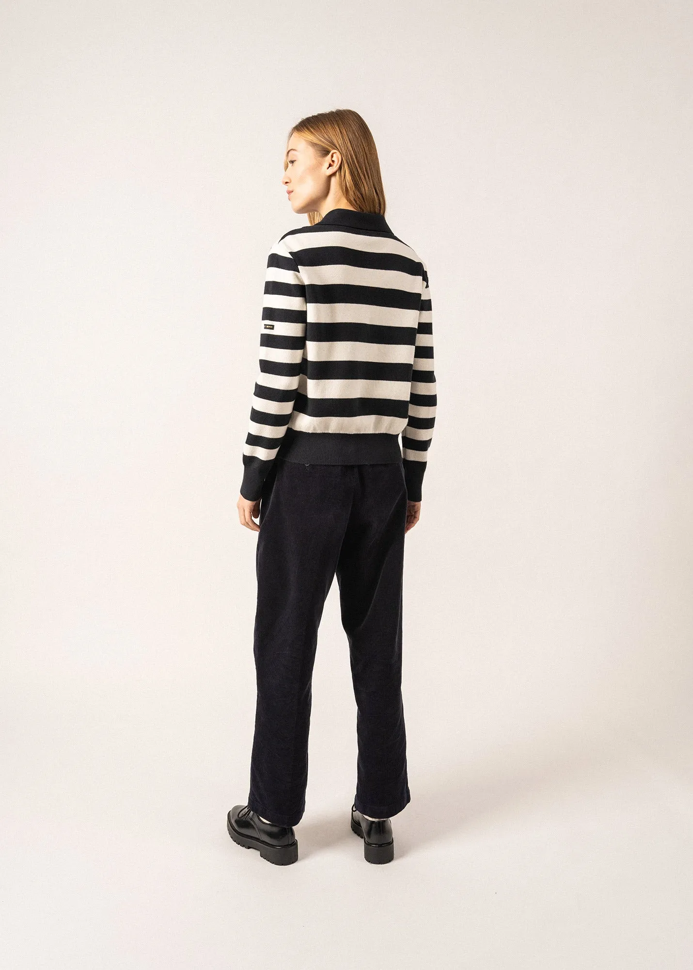 GALWAY - Striped Cardigan with Polo Collar for Women | Cotton & Cashmere (NAVY / IVORY)