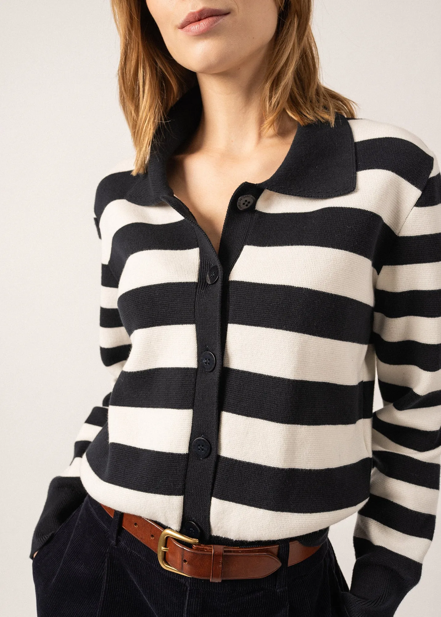 GALWAY - Striped Cardigan with Polo Collar for Women | Cotton & Cashmere (NAVY / IVORY)