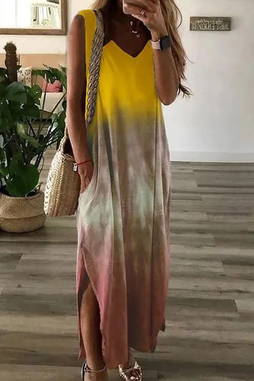 Gradient V Neck Pockets Slit Maxi Dress