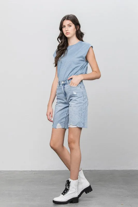 High Rise Denim Bermuda Shorts