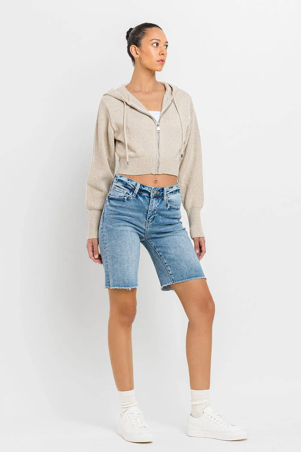 HIGH RISE RAW HEM BERMUDA SHORTS - Vervet