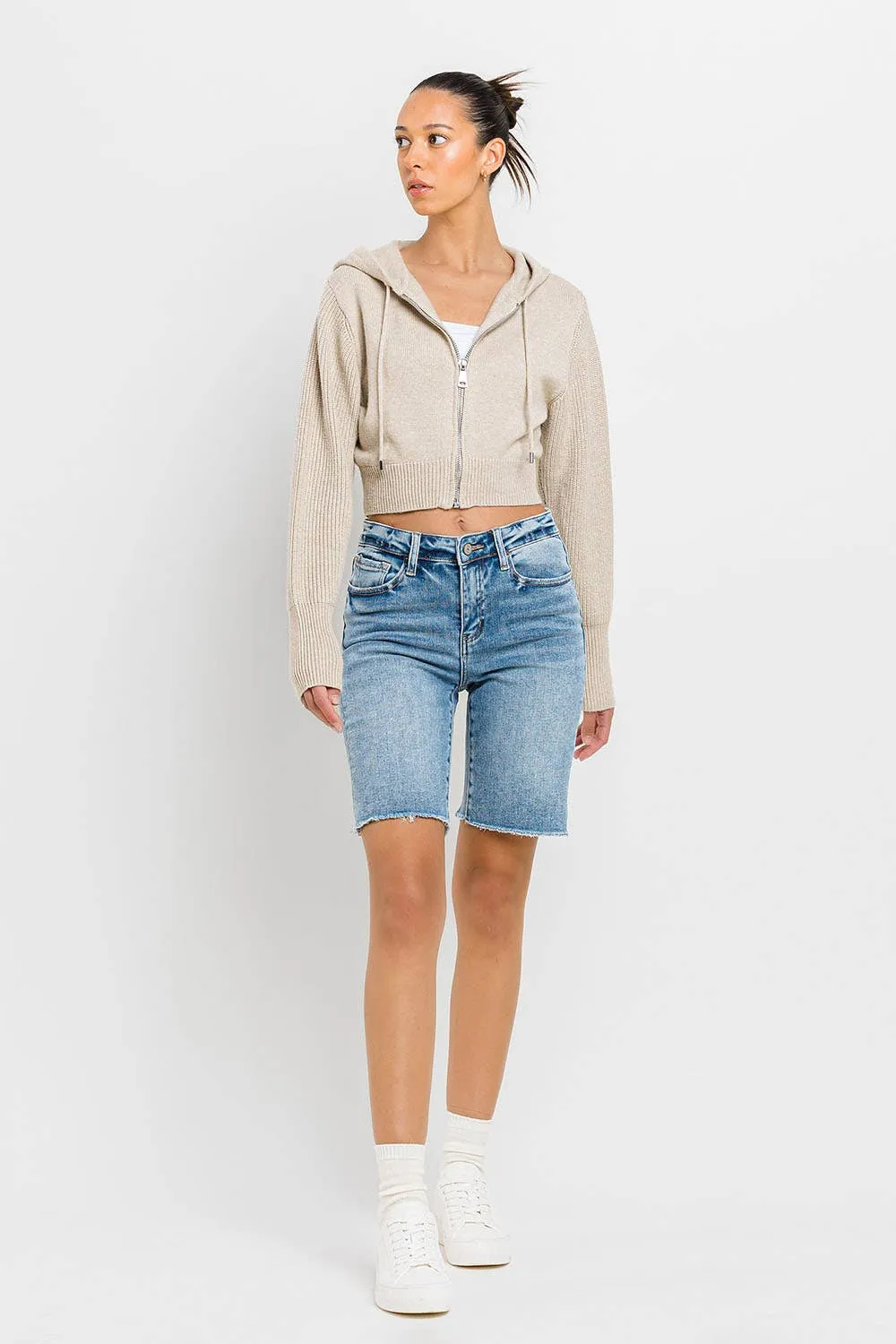 HIGH RISE RAW HEM BERMUDA SHORTS - Vervet