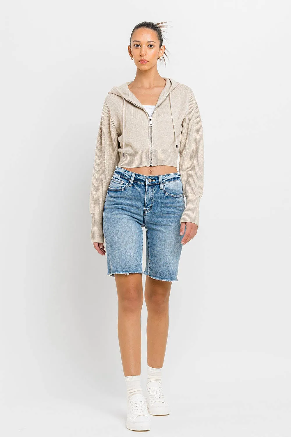 HIGH RISE RAW HEM BERMUDA SHORTS - Vervet