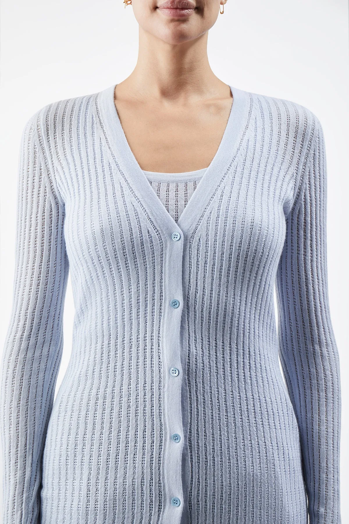 Homer Pointelle Knit Cardigan in Halogen Blue Cashmere Silk