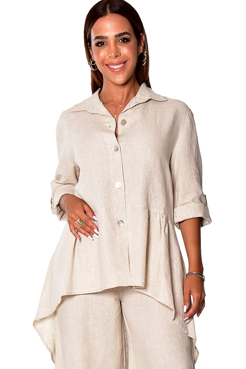 Ladies Linen Roll-Up Sleeve Top Hi-Low- LLB1383