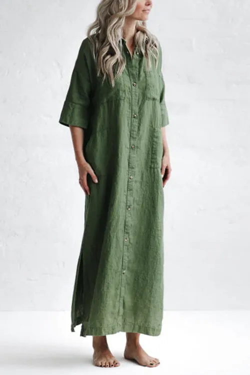 Linen Button Pockets Shirt Maxi Dress