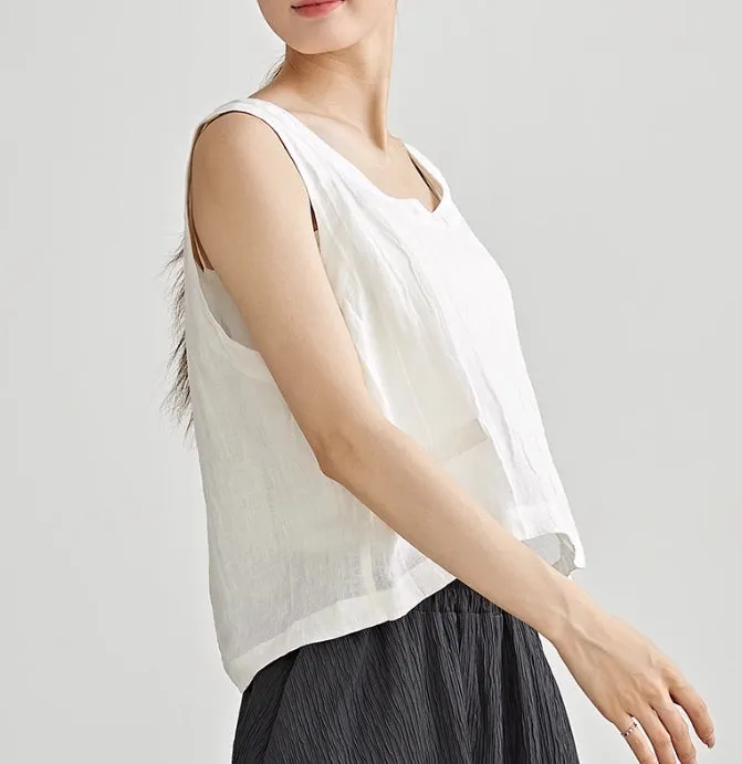 Long Sleeveless Women Linen Tops/ 6270