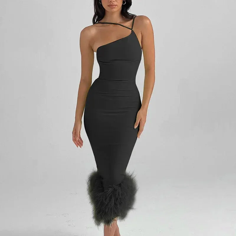 Maxi Feather Autumn One Shoulder Women Winter Bodycon Sexy Dress Dress